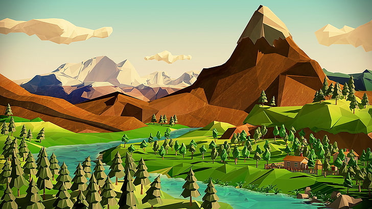 Low Poly River, mountain range, travel, day, hill