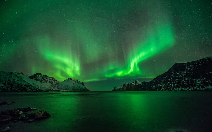 Northern Lights Aurora Borealis, green, stars, reflection, lights Free HD Wallpaper