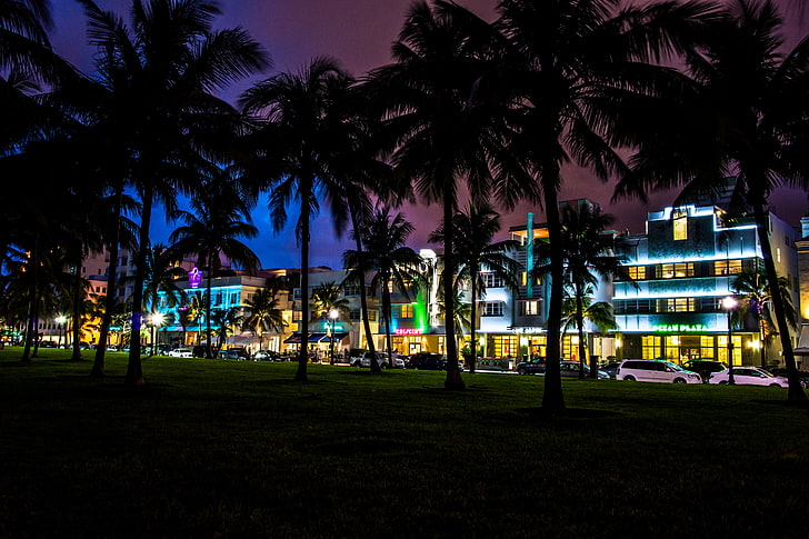 Ocean Drive South Beach Night, tourist, architecture, travel destinations, famous place Free HD Wallpaper