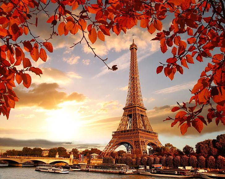 of the Eiffel Tower in Paris, sunset, famous place, eiffel, capital cities Free HD Wallpaper