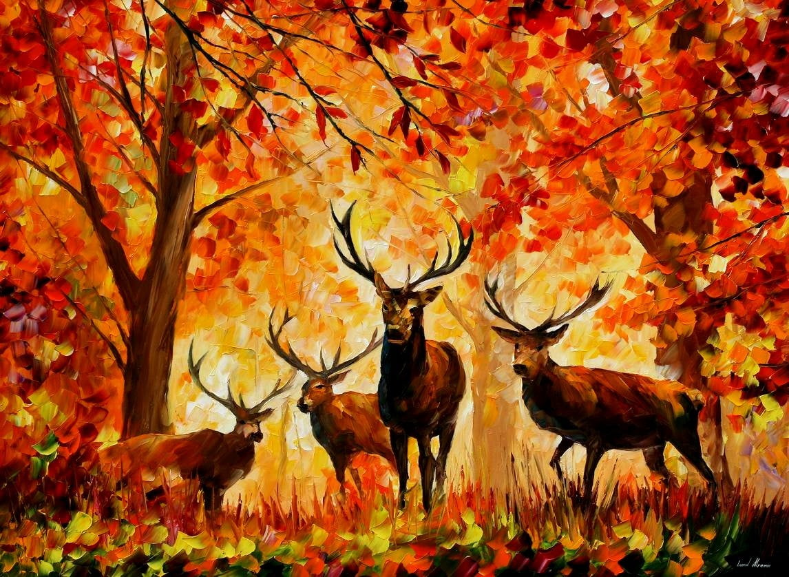 Paintings of Deer Head in Fall, plant, wildlife, park man made space, leaves