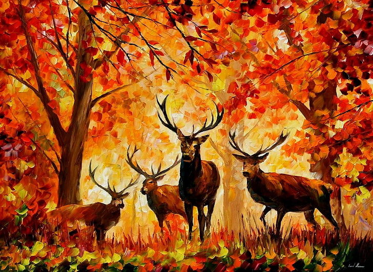 Paintings of Deer Head in Fall, plant, wildlife, park  man made space, leaves