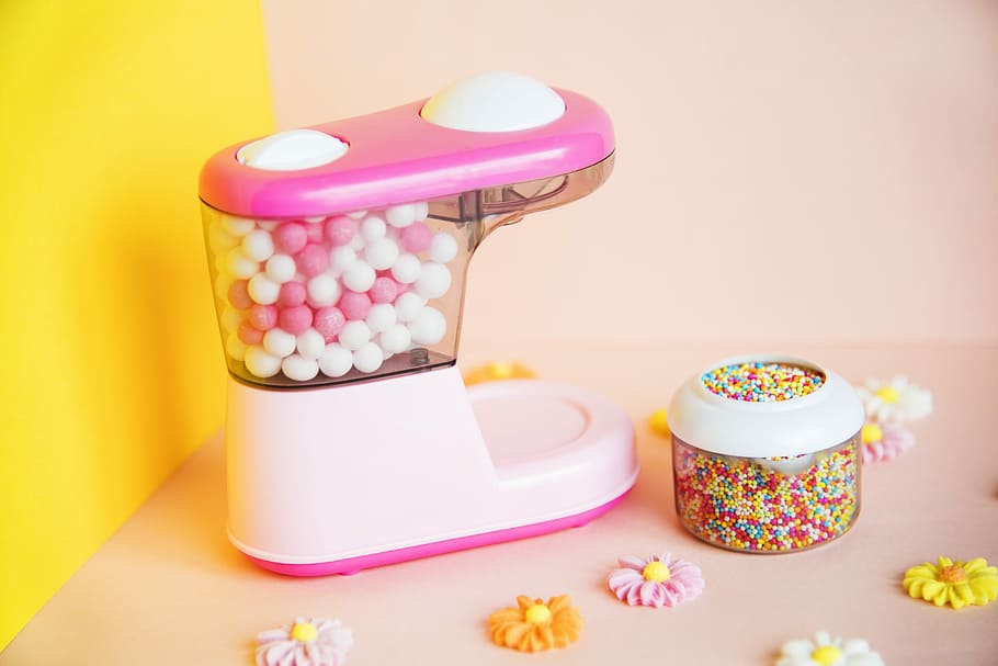 Pink Bubble Gum Balls, coffee cup, colored background, mug, unhealthy