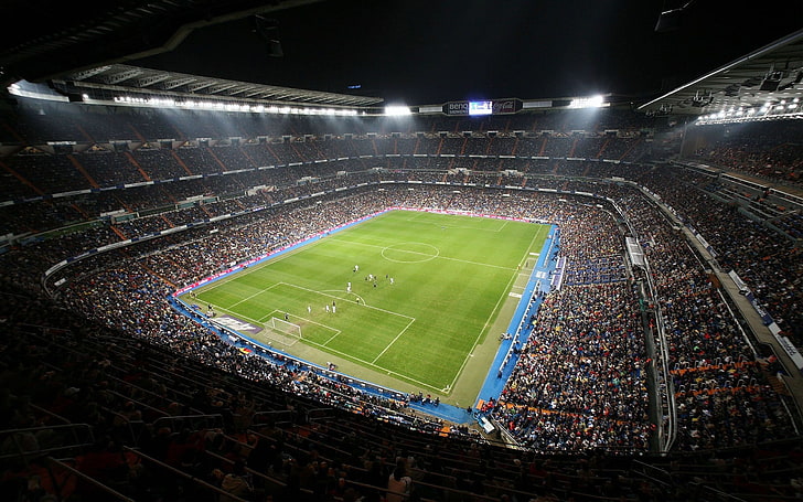 Santiago Bernabeu Stadium, illuminated, playing field, cup, high angle view Free HD Wallpaper