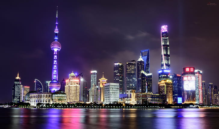 Shanghai Tour, creative  commons, night, pano, huangpu river Free HD Wallpaper