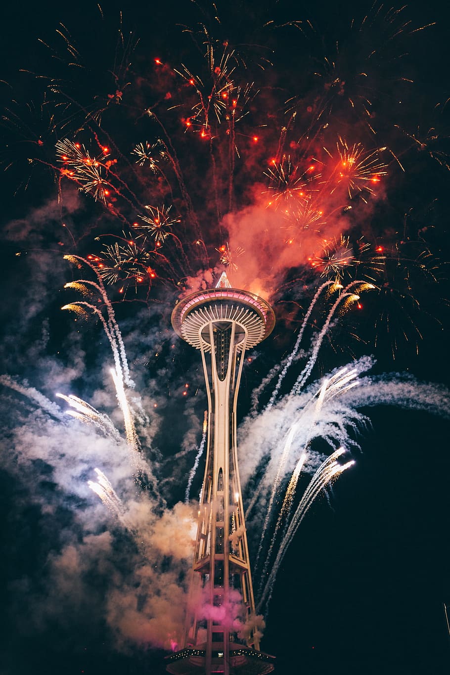 Space Needle New Year's, needle, sky, tree, firework display