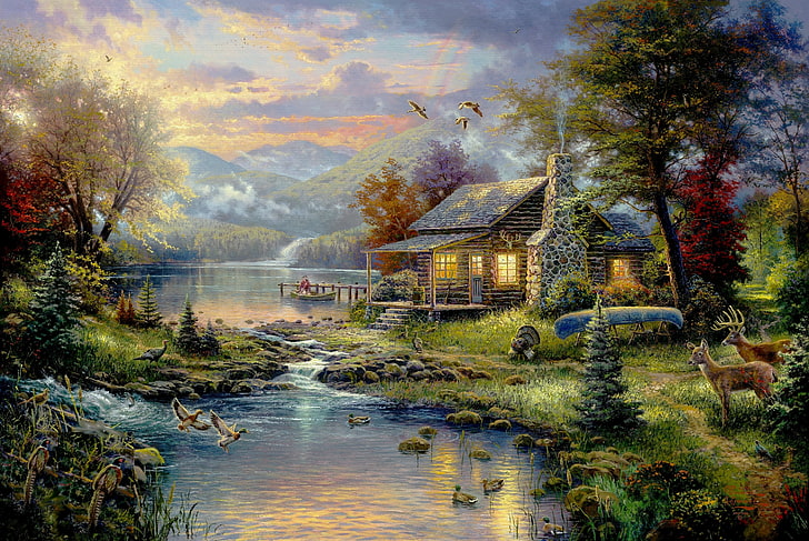 Thomas Kinkade Landscapes, green color, christmas trees, building exterior, wood  material