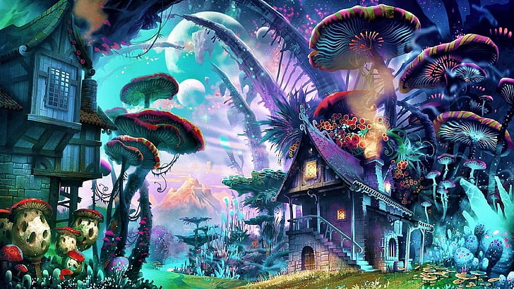 Trippy Shroom, imagination, fantasy art, fantasy world, fantasy landscape Free HD Wallpaper