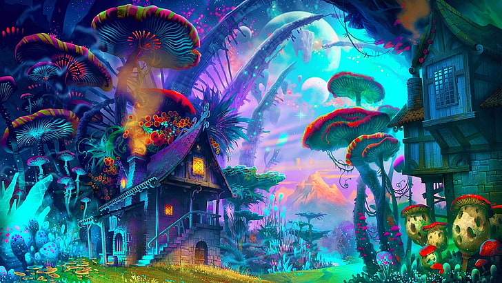 Trippy Wall Art, building, fantasy, tree, outdoors Free HD Wallpaper