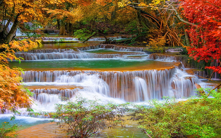 Waterfalls in Autumn, no people, long exposure, woodland, motion