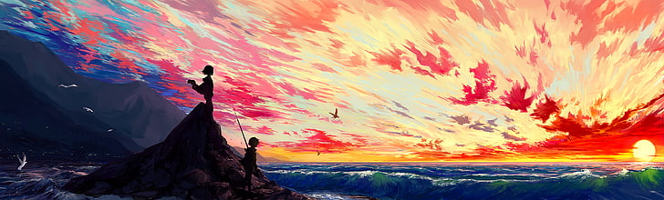 Anime Nature Art, mountain, sunset, one person, illustration Free HD Wallpaper