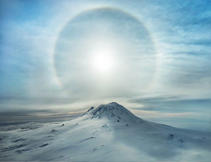 Beautiful Mountain Scenery Landscape, grey  day, cold  mountain, sunbow, ice