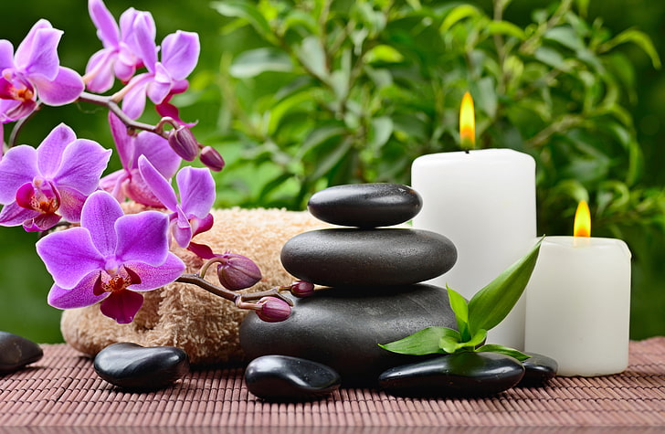 Beautiful Spa Candles and Flowers, flower, beauty product, orchid, alternative therapy Free HD Wallpaper