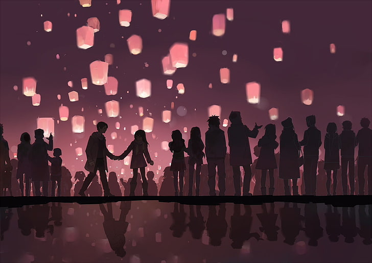 Chinese Lanterns at Night, standing, celebration, large group of people, women