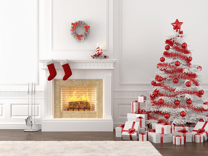 Christmas Backdrops Walls, christmas tree, fireplace, domestic room, decoration Free HD Wallpaper