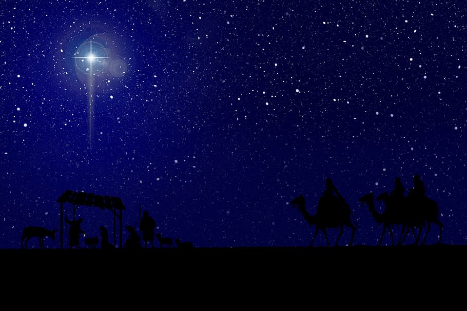 Christmas Nativity Star of Bethlehem HD, group of people, blue, galaxy, silhouette Free HD Wallpaper