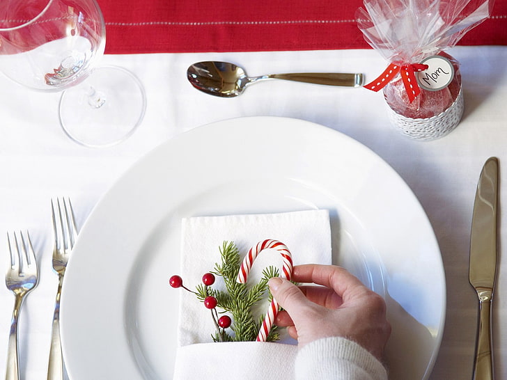 Christmas Table Set Up Ideas, one person, plate, eating utensil, adult