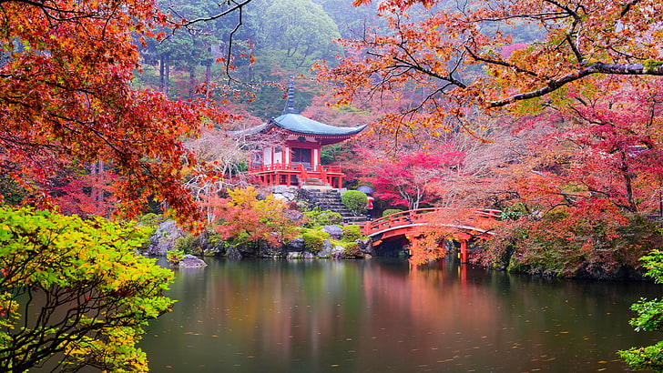 Colorful Japanese Gardens, water, reflection, plant, daigoji Free HD Wallpaper