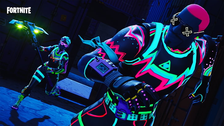 Fortnite Battle Royale Costumes, night, built structure, low angle view, neon