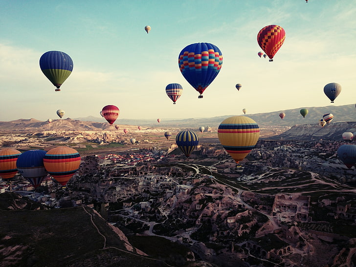 Hot Air Balloon Ball, land, turkey, rock, midair Free HD Wallpaper