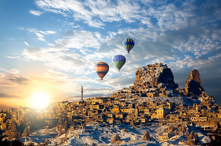 Hot Air Balloon Over Cappadocia, outdoors, winter, midair, cloud  sky Free HD Wallpaper