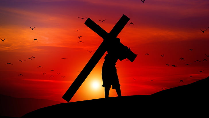 Jesus Pic HD, jesus, red sky, religion, silhouette Free HD Wallpaper