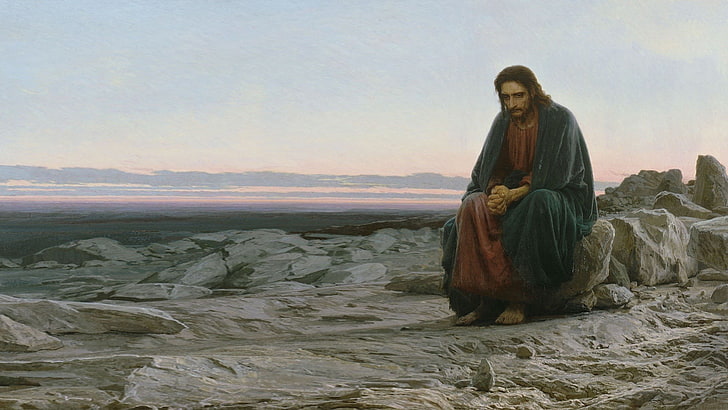 Jesus Sitting On a Rock Cartoon, christ, alone, full length, women