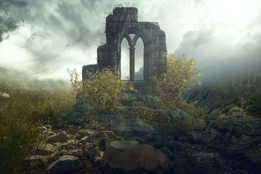 Laptop, arch, the past, old ruin, atmosphere Free HD Wallpaper