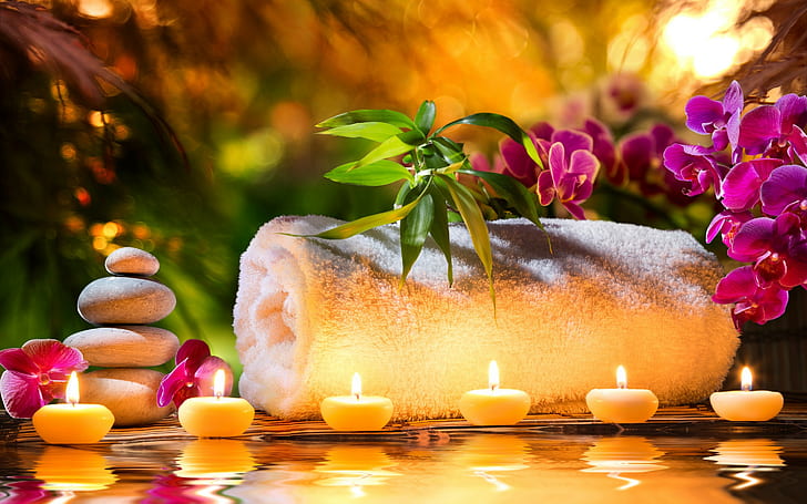 Lavender Candles, spa, stones, orchids, spa stones Free HD Wallpaper