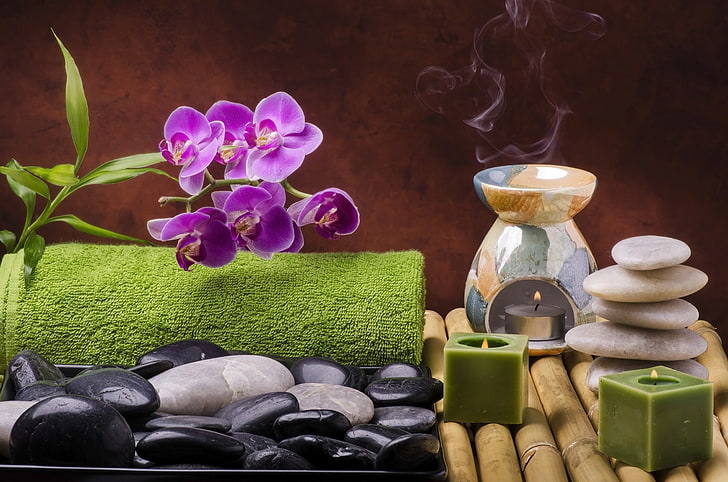 Nature Relaxing Spa, still life, table, bamboo  plant, beauty product Free HD Wallpaper