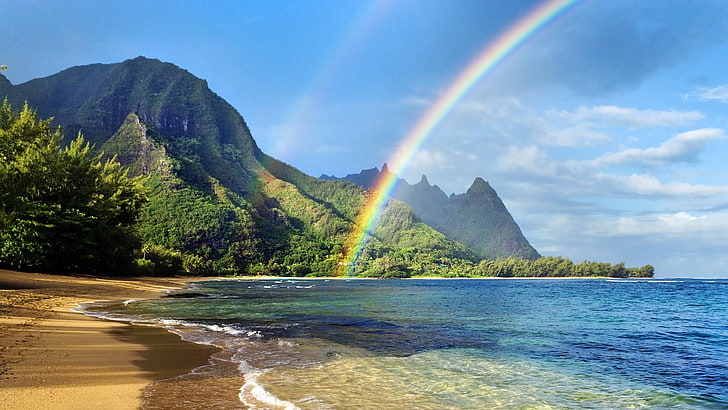 Night Rainbow Hawaii, idyllic, water, sandy beach, mount scenery Free HD Wallpaper