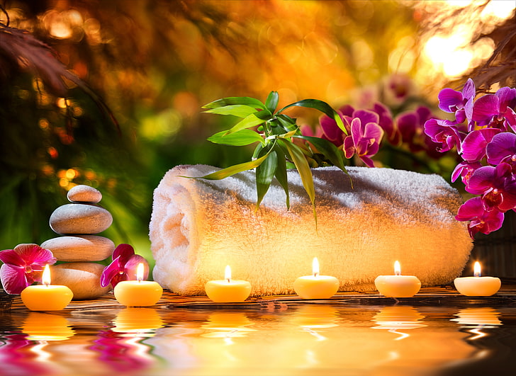 Orchid Flower Spa, scented, candlelight, healthcare and medicine, healthy lifestyle Free HD Wallpaper