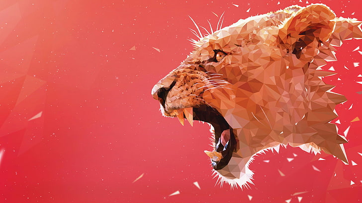 Roaring Lion, colored background, spread wings, one person, computer graphics