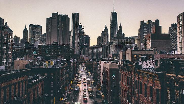 Sunset City Street, freedom tower  new york, tall  high, empire state building, new york city Free HD Wallpaper