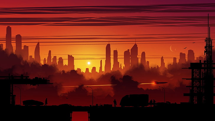 Sunset Silhouette Drawing, orange color, motion, cityscape, kvacm Free HD Wallpaper