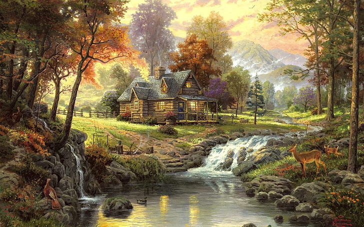 Thomas Kinkade Mountain Majesty, growth, red, green color, beauty in nature Free HD Wallpaper