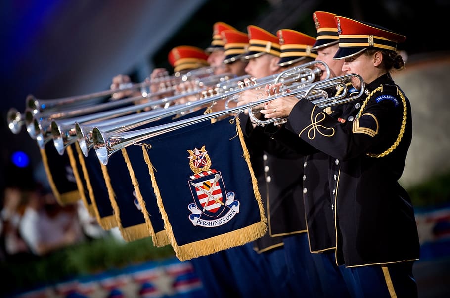 Trumpet Herald Forum, blue, military, music, focus on foreground Free HD Wallpaper