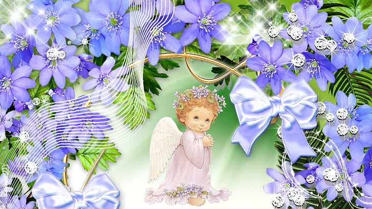 Angels Actually Look Like, gold, blue flowers, angel, 3d and abstra