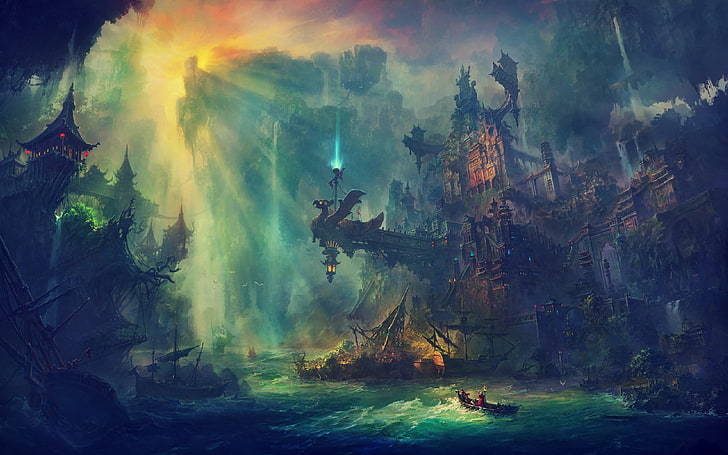 Anime City Digital Art, nature, motion, ruin, sea Free HD Wallpaper