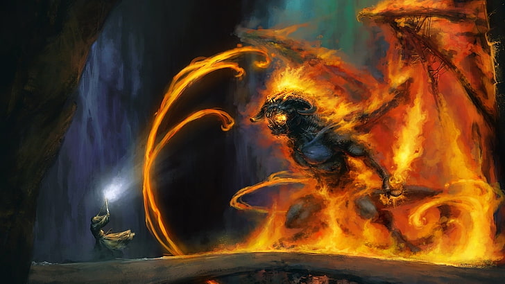 Balrog vs Sauron, no people, fire, moria, fire  natural phenomenon