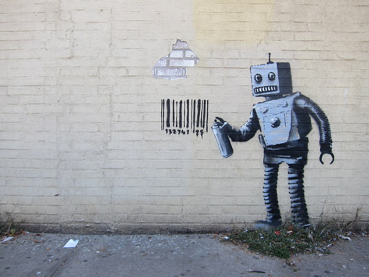 Banksy Soldier, technology, standing, building exterior, real people