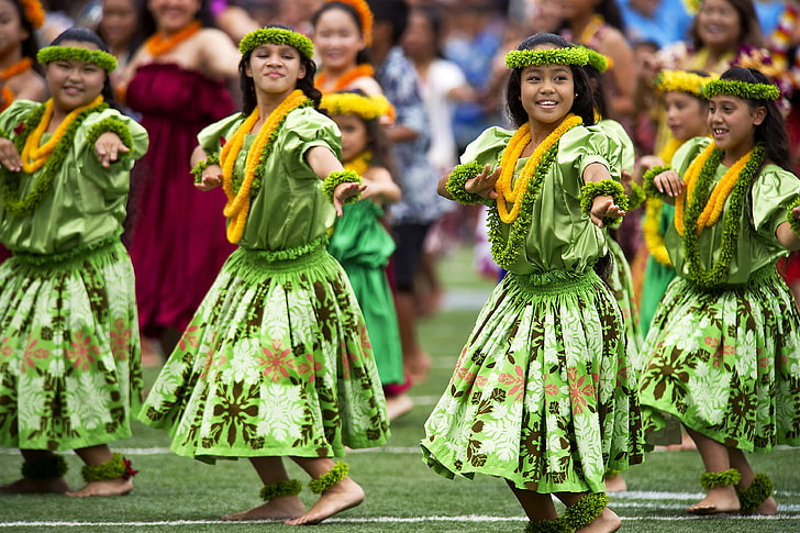 Beautiful Hula Girls Dancers, smiling, togetherness, dancing, green color Free HD Wallpaper