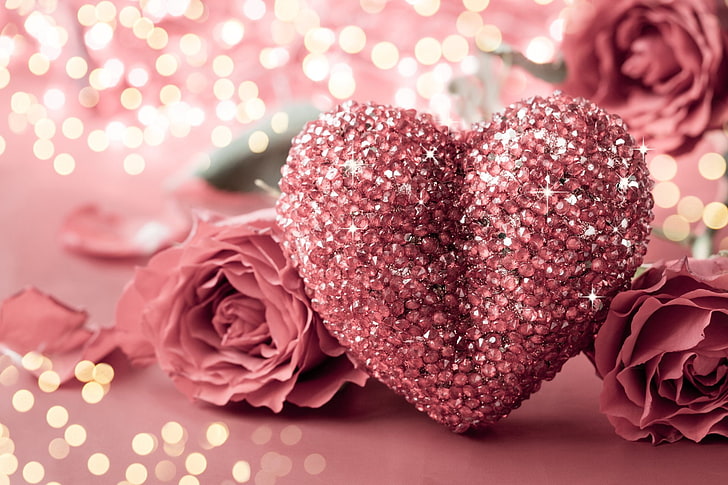 Beautiful Roses with Hearts, rose, pink, sparkles, heart Free HD Wallpaper