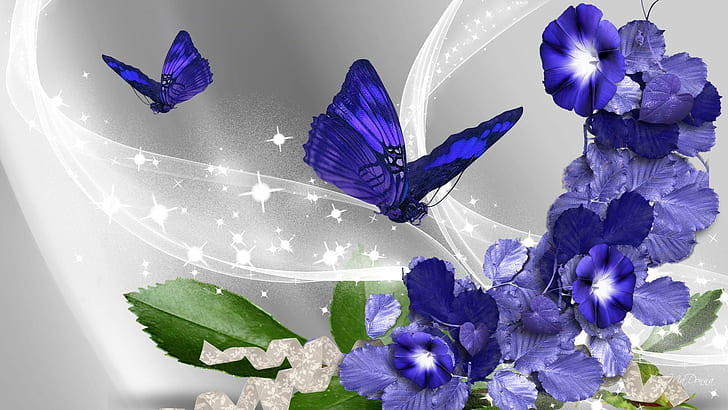 Birds and Butterflies, summer, blue, petunias, purple Free HD Wallpaper