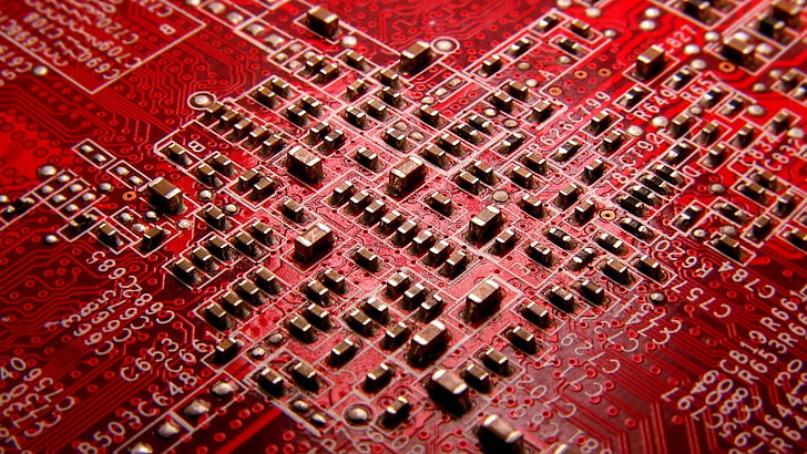 Black and Red Circuit Board, pattern, connection, selective focus, full frame