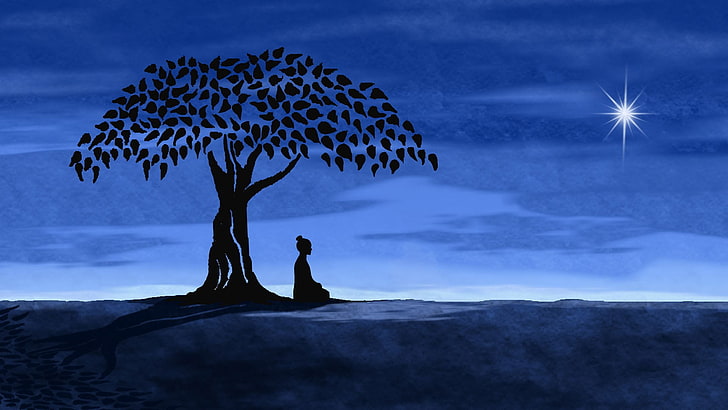 Bodhi Tree Buddhism, illustration, meditation, sky, leaves Free HD Wallpaper