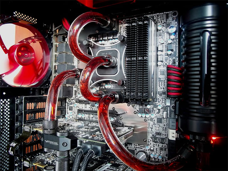 CPU Water Cooling, machine part, red, machinery, complexity Free HD Wallpaper