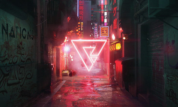 Digital Art Cyberpunk Neon City, neon sign, digital painting, street, night