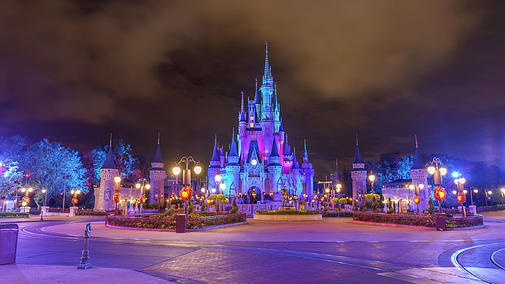 Disneyland Cinderella Castle, castle, night, partners statue, dusk