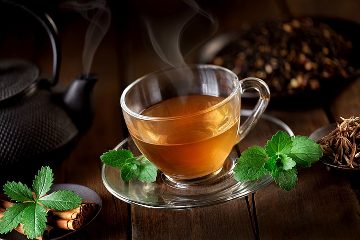 Drinking Herbal Tea, closeup, steam, gourmet, brown